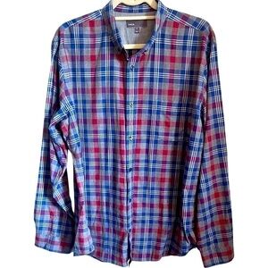 VINCE Men’s Blue Gray Red Plaid Cotton Button Down Long Sleeve Shirt XL